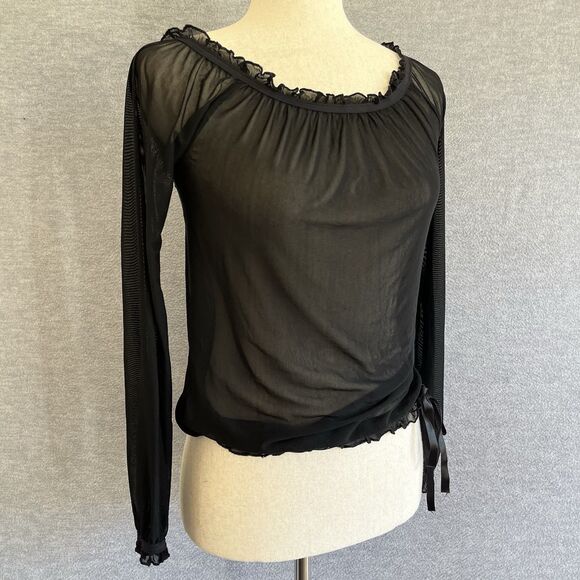 Bebe Y2K Witchy Sheer Black Ruffled Top XS Mesh Whimsigoth Dark Romantic Grunge - Picture 3 of 13
